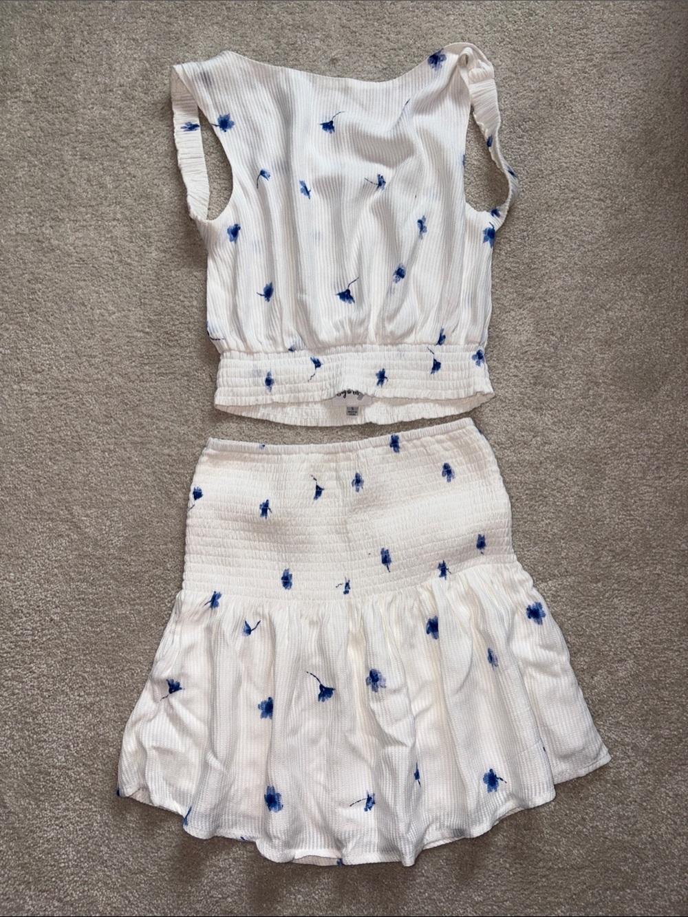 White & Blue Floral Smocked Skirt and Top Set